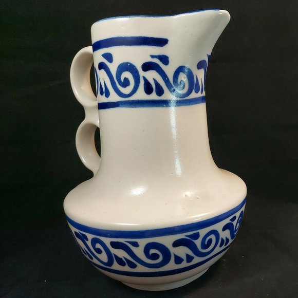 Rare Salt Glaze Stoneware 8" tall Pitcher w/ Double Ring Handles Cobalt Blue des - Picture 4 of 6